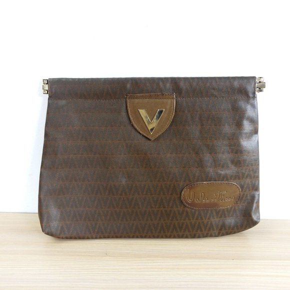 Vintage VALENTINO Purse Women Brown Clutch Logo Hinged PVC MARIO VALENTINO Italy